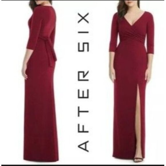 After Six 6814 Burgundy Red V-neck Crepe Sleeve Slit Front Evening Gown Small - Picture 1 of 13